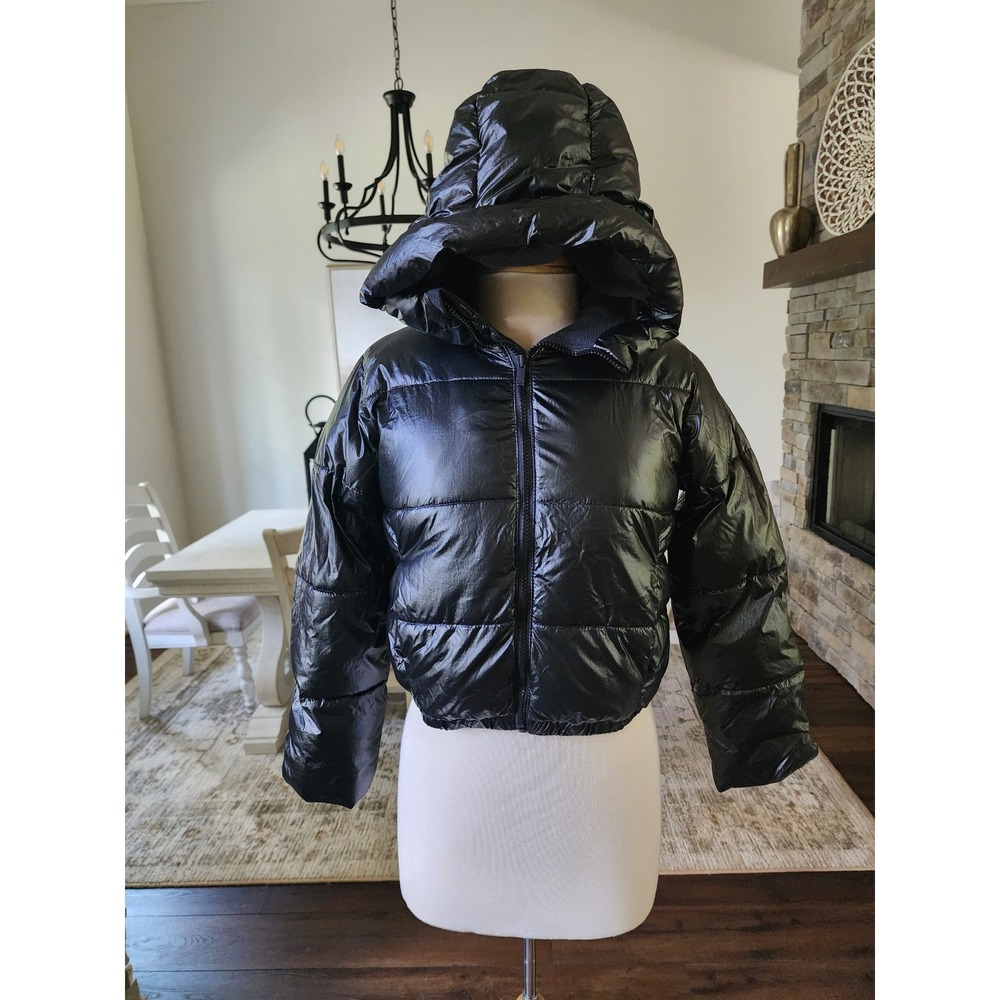 All in Motion Kids Black Shiny Puffer Jacket Water Wind Resistant Hooded L 10/12